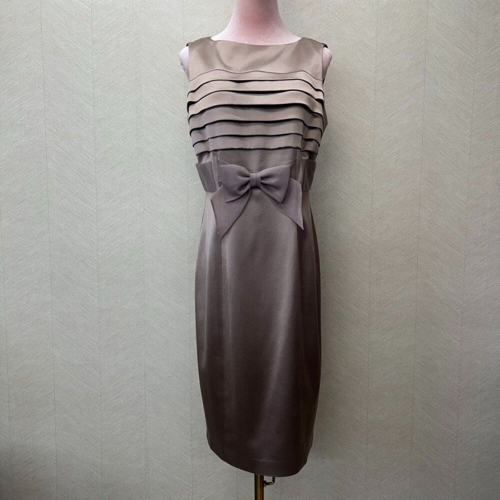 Kay Unger New York Taupe Satin Tiered Bow Back Cocktail Dress Womens Size 8